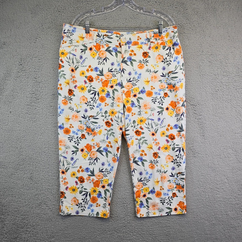 St Johns Bay Pants Womens 14 White Floral Capri Stretchy Colorful Boho‎ Y2K